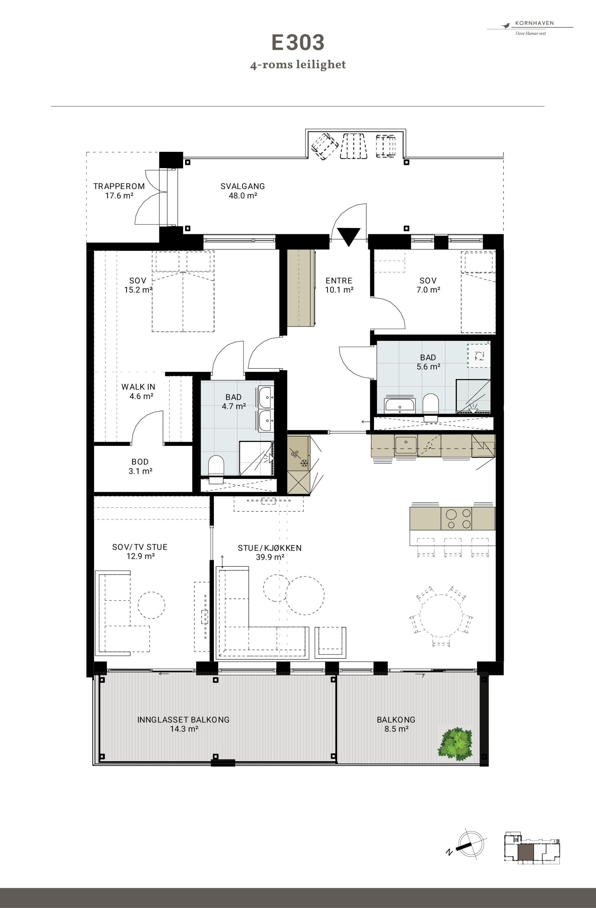 Leilighet E303 er en nyhet i prosjektet da vi har slått sammen to leiligheter. Det gir hele 111 kvm BRA-i og en fleksibel planløsning. Mastersuite med walk-in og privat bad, godt og sosialt kjøkken, samt tv-stue/soverom/kontor innenfor stua. 