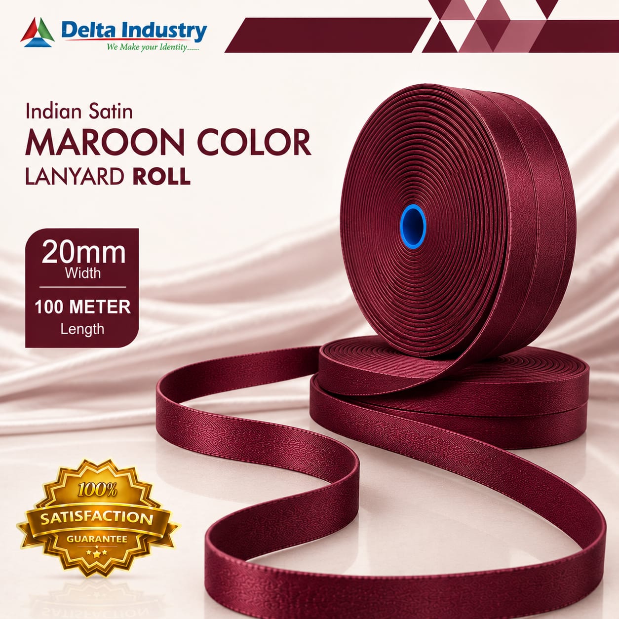 20 mm Indian MAROON Colour Satin Lanyard Roll