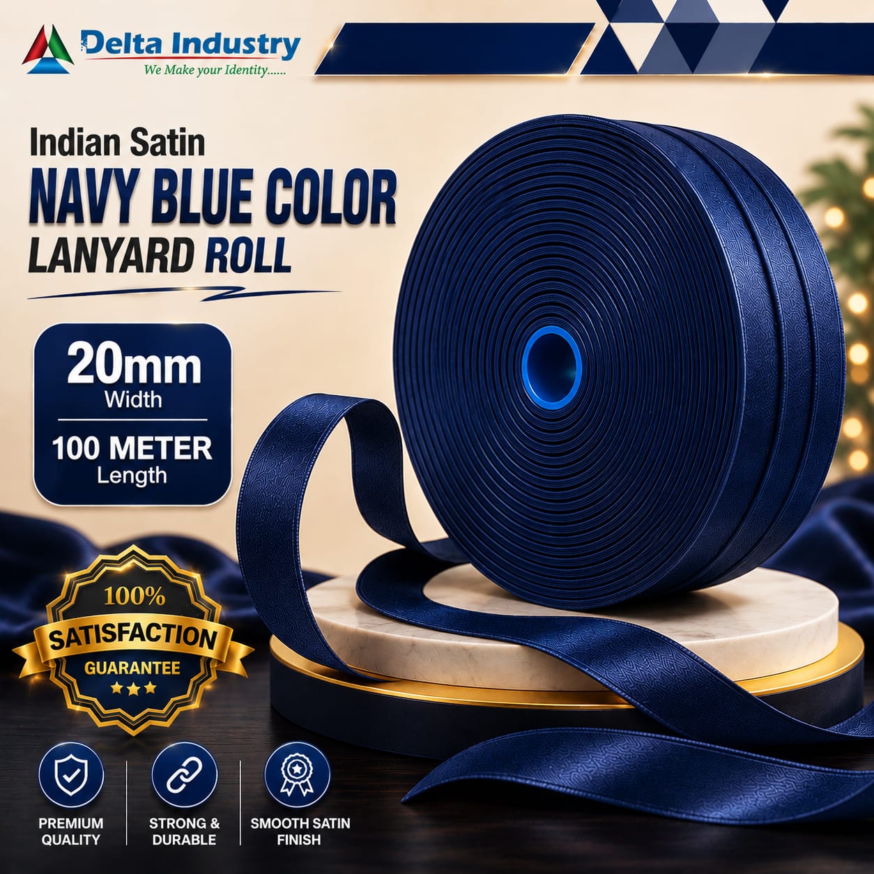 20 mm Indian NAVY BLUE Colour Satin Lanyard Roll