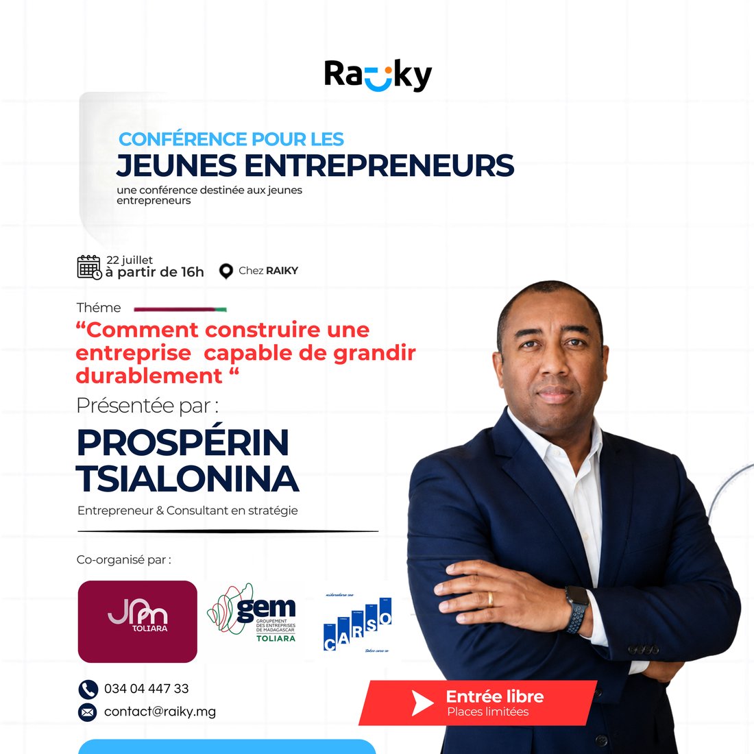 Affiche de la conférence pour les jeunes entrepreneurs, présentée par Prospérin Tsialonina, chez RAIKY à Toliara le 22 juillet 2026