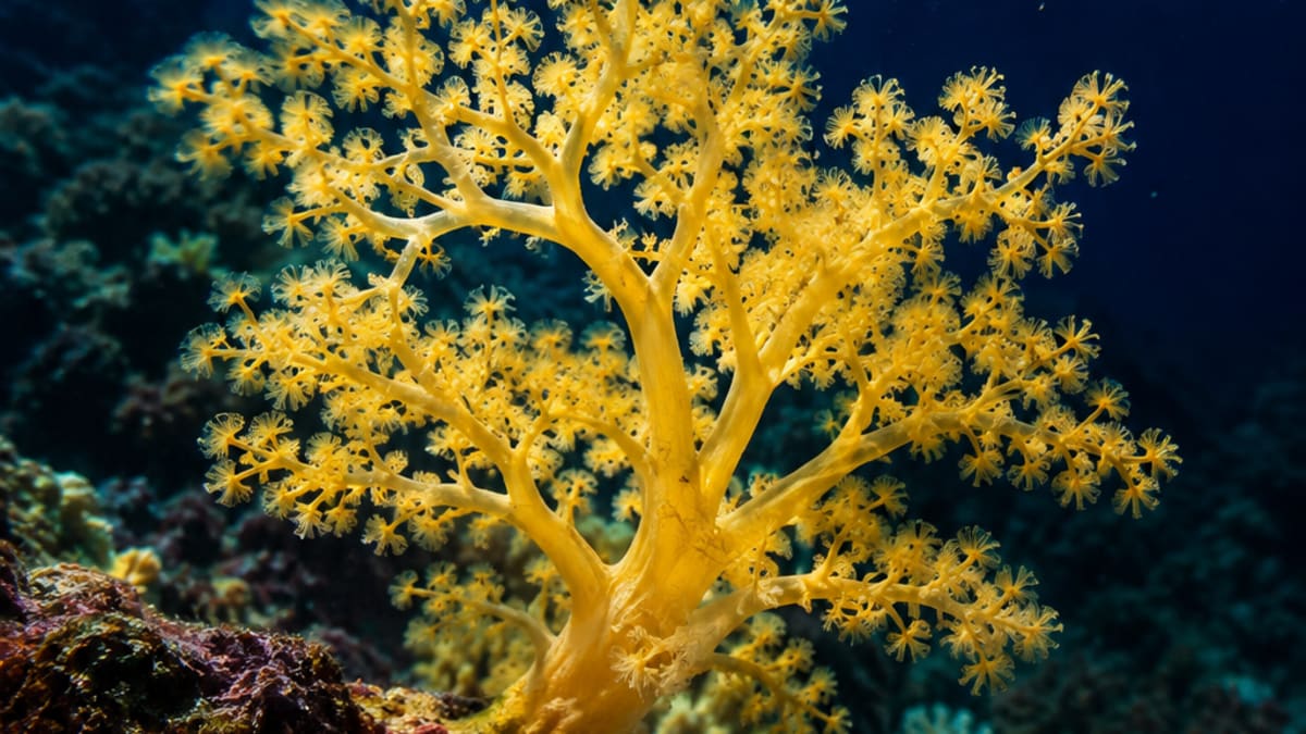 Ilustração de octocoral amarelo ramificado em monte submarino