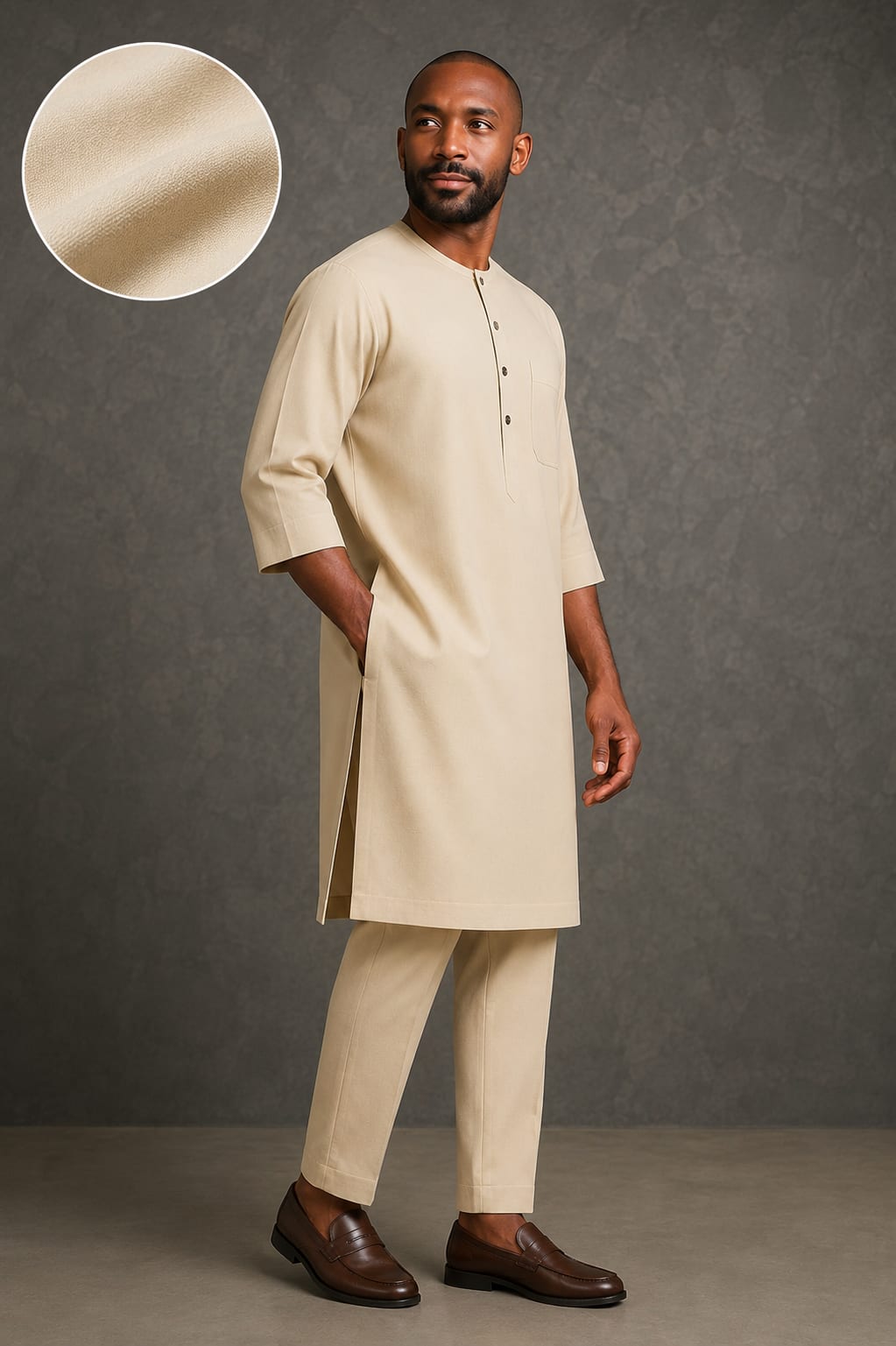 Butter Scotch Kaftan, full look, three-quarter view with fabric detail