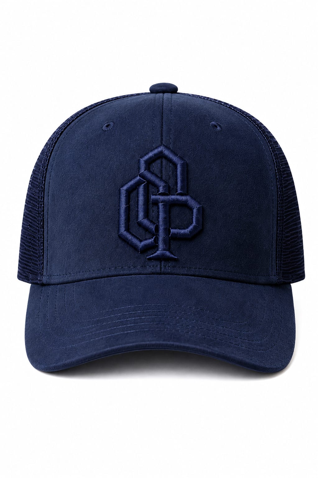 ONPOINT Bordeaux Crest Cap in Navy Blue, front view on stand