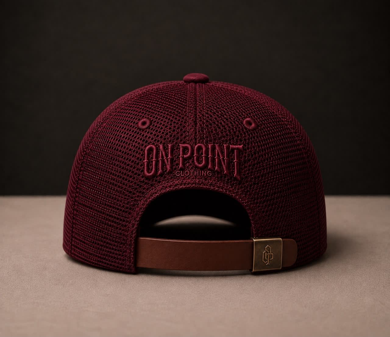 ONPOINT Bordeaux Crest Cap, back view with mesh and leather strap