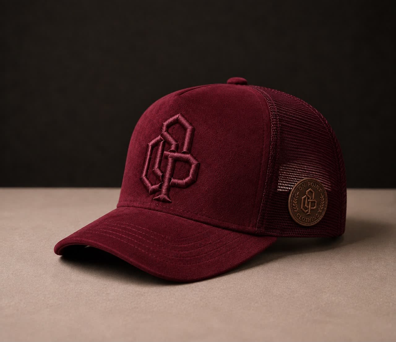 ONPOINT Bordeaux Crest Cap, front angled view