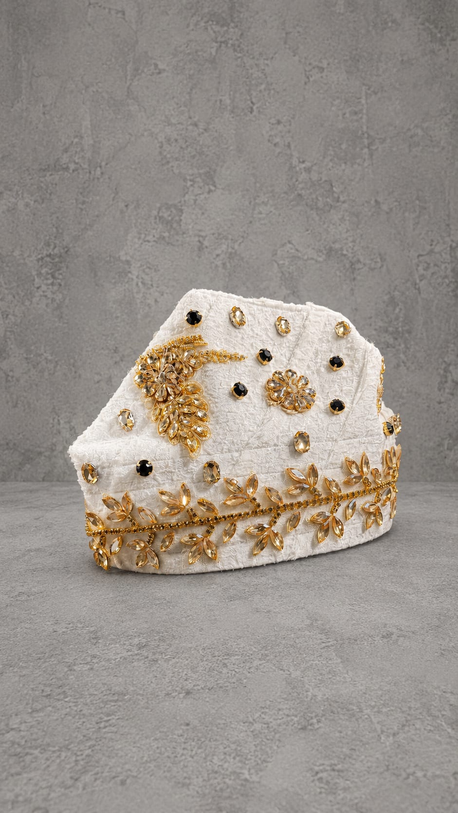Royal Crown Fila, white and gold beaded cap, angled view