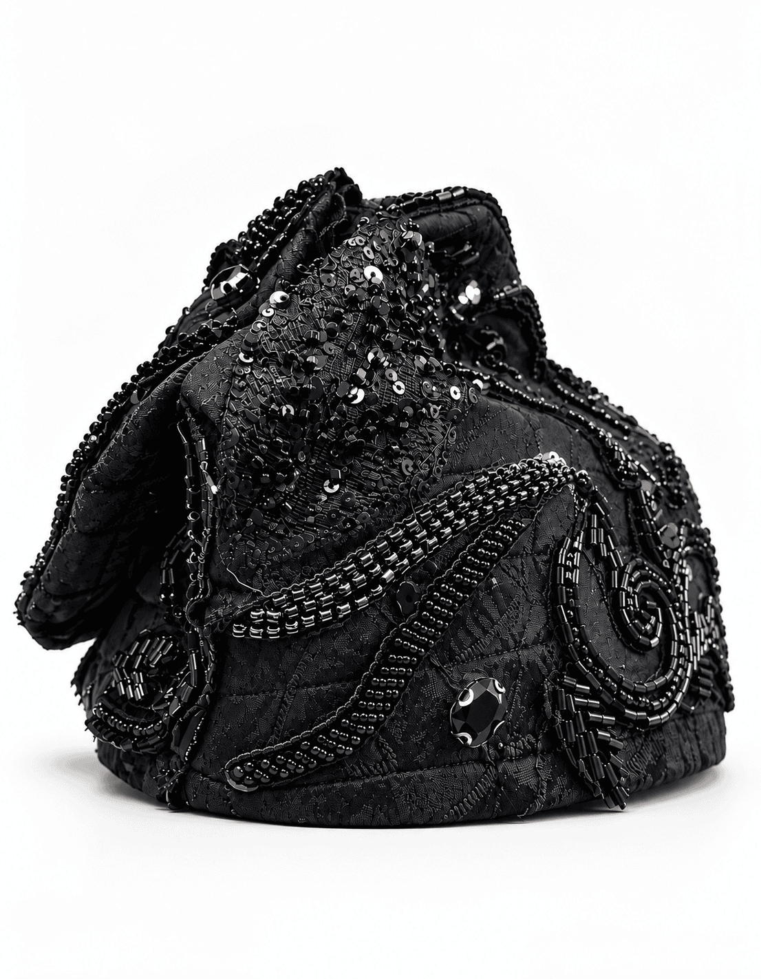 Black Beaded Fila, angled view, gathered fold