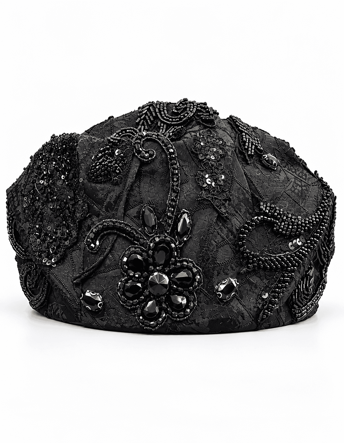 Black Beaded Fila, front view, beadwork and crystals