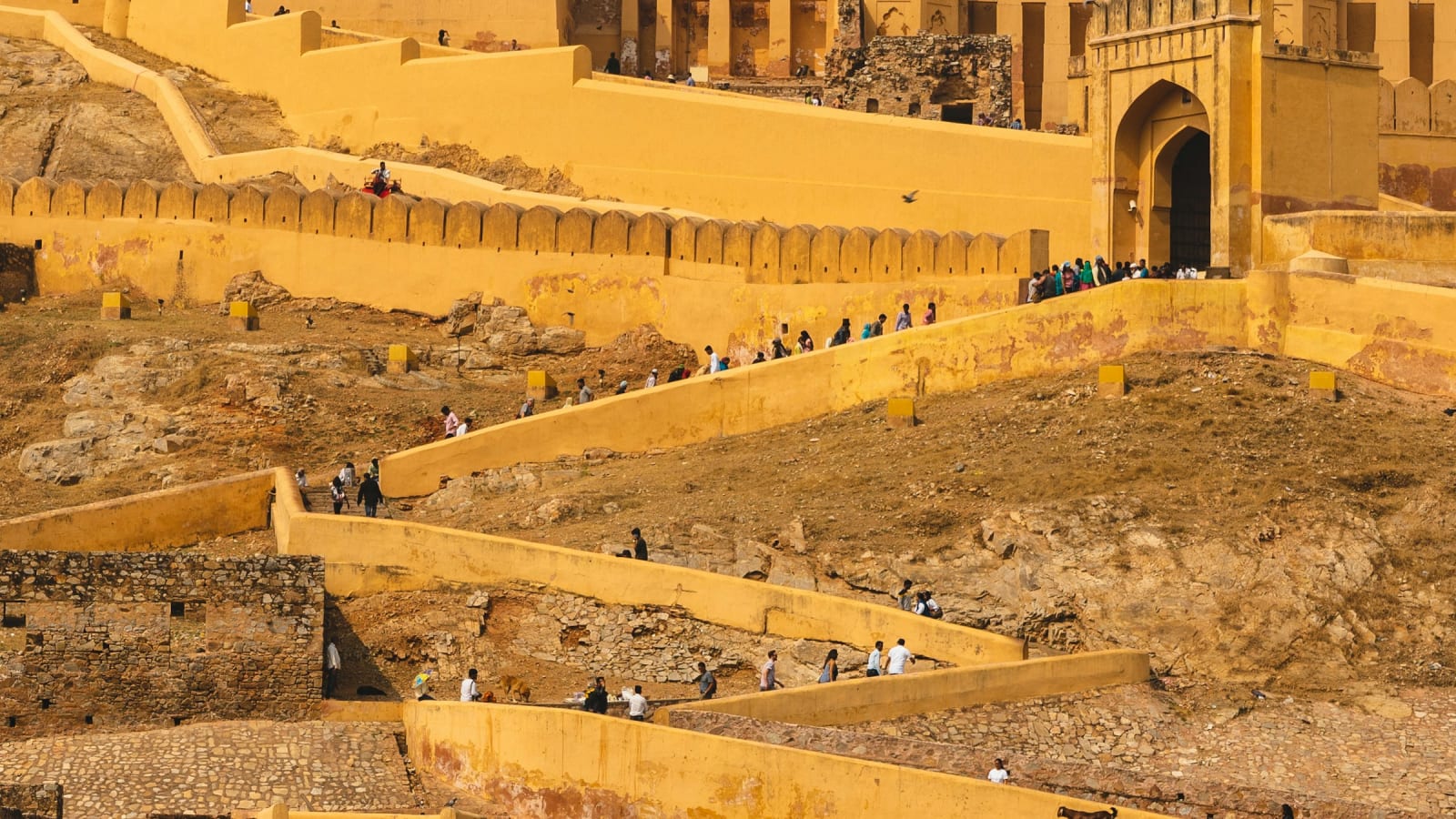 Visitors on the zigzag approach paths up to Amber Fort