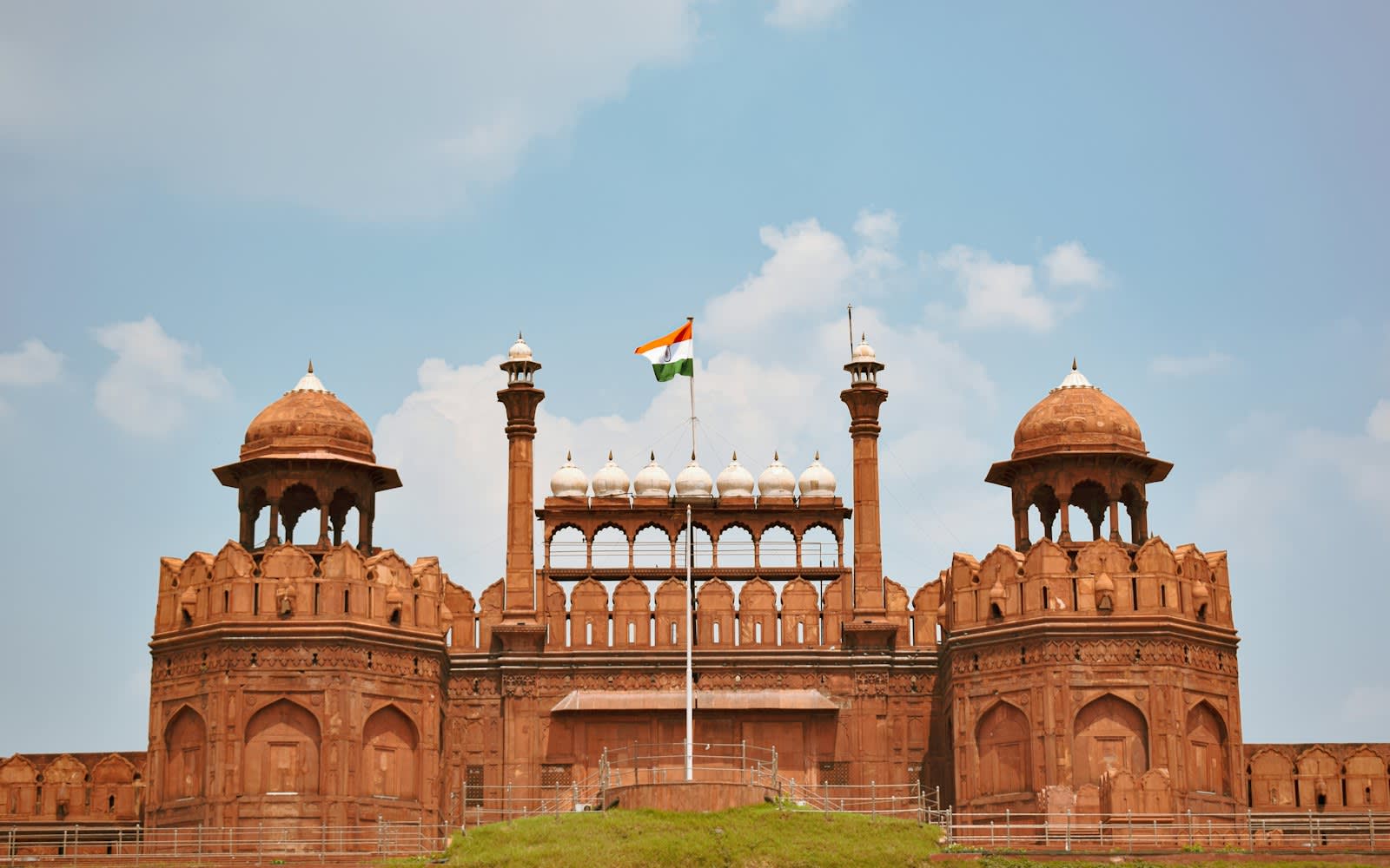 The Lahori Gate of the Red Fort with its flag above the towers