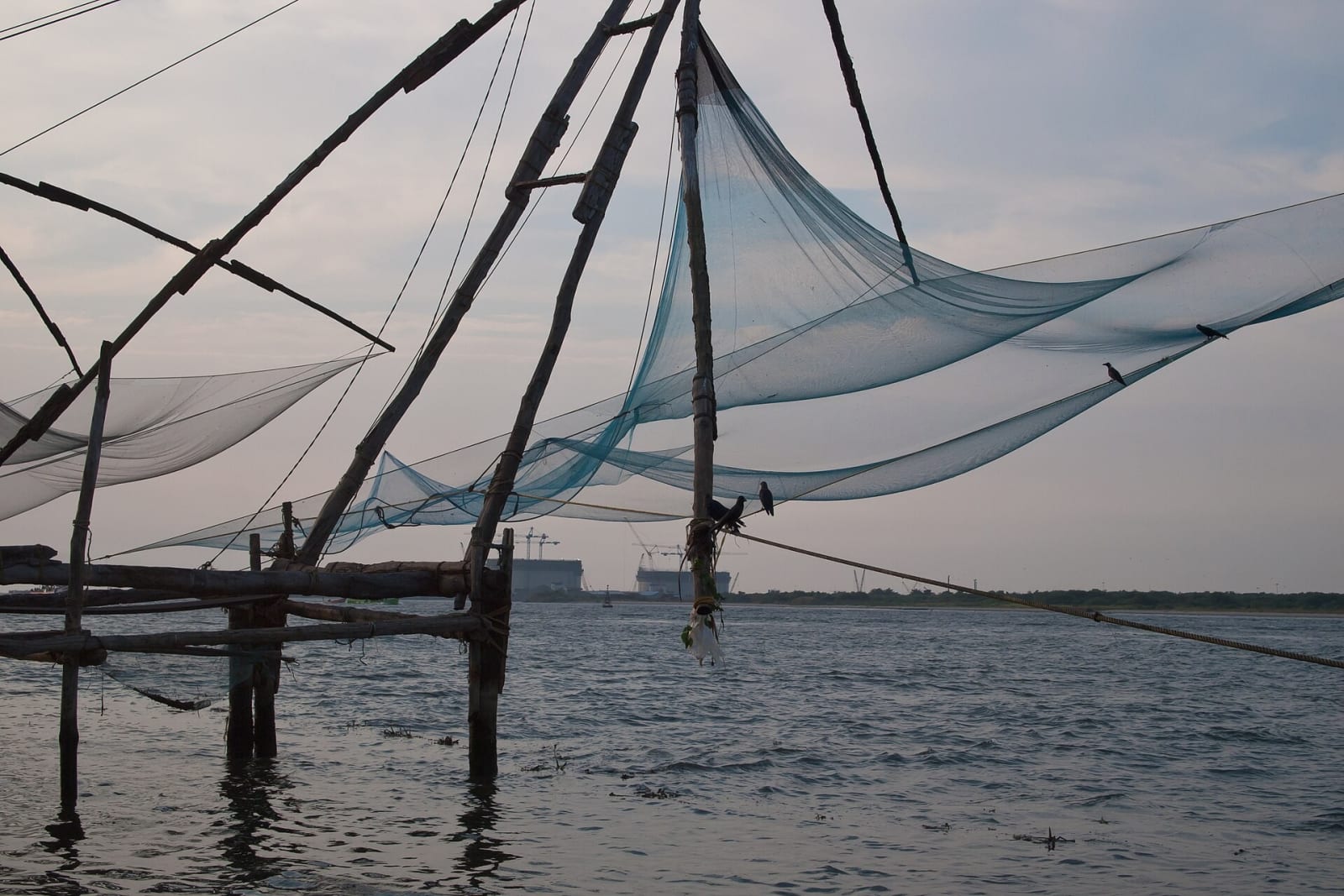 Chinese fishing nets raised over the water at Fort Kochi, Kerala