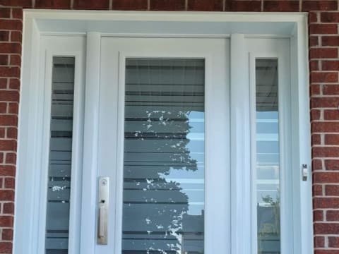 Porte d'acier contemporaine blanche à verre décoratif à lignes horizontales avec deux latéraux