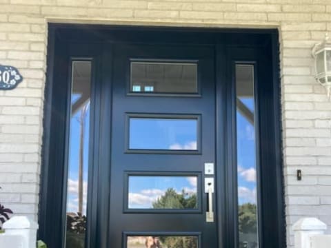 Porte d'acier contemporaine noire à quatre fenêtres avec deux latéraux
