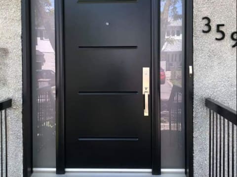 Porte d'acier contemporaine noire à rainures horizontales avec deux latéraux givrés