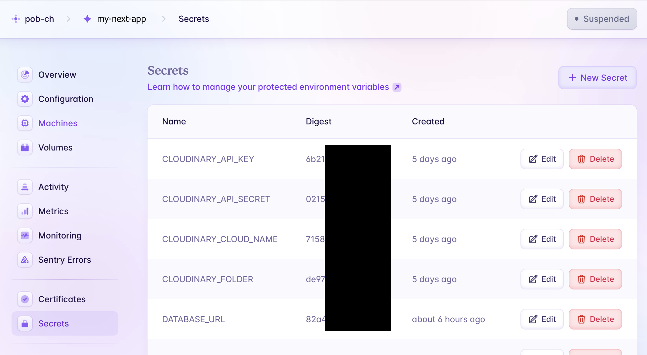 Fly.io dashboard -> "Secrets" menu