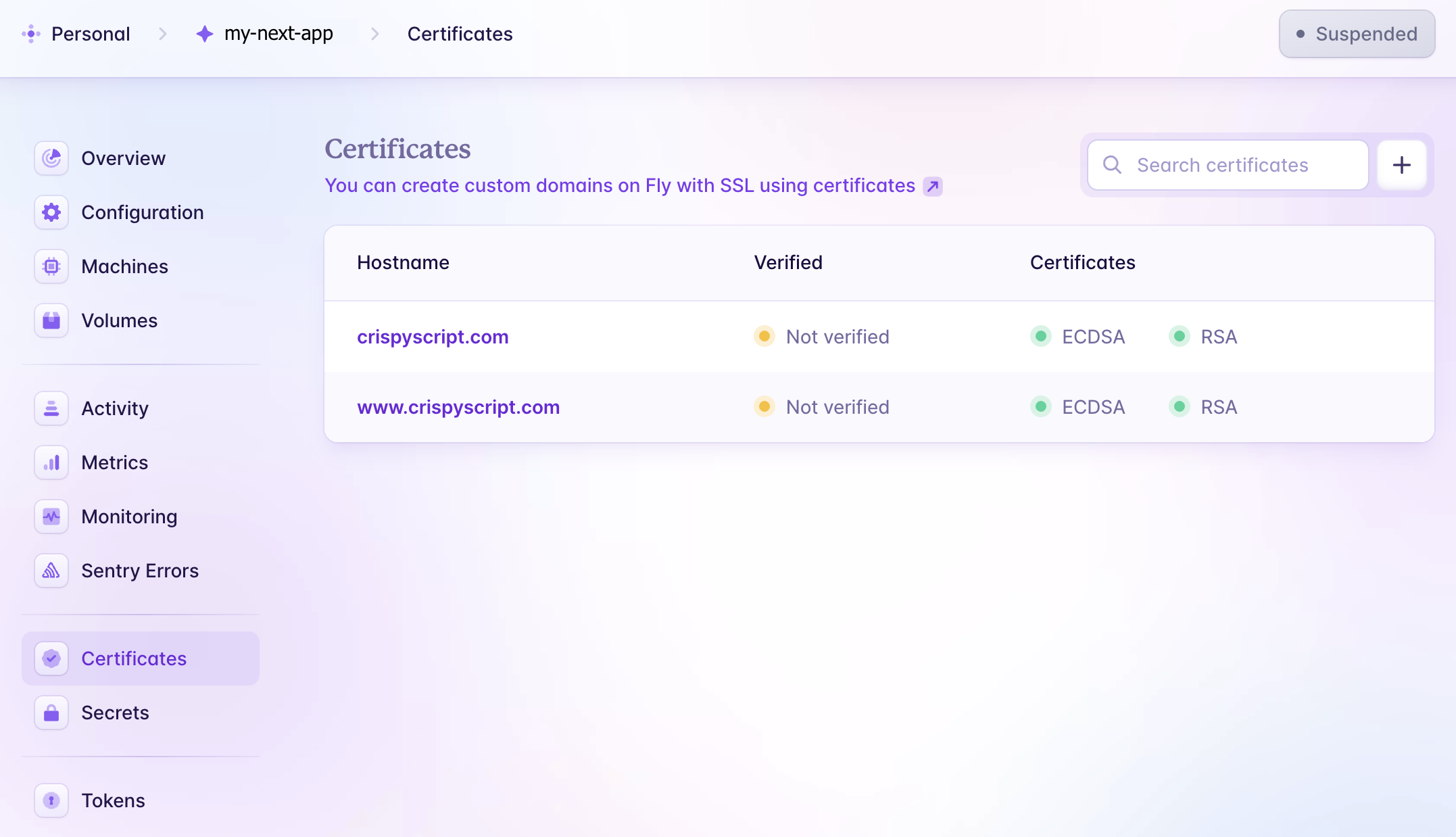 "Certificates" menu in Fly.io dashboard