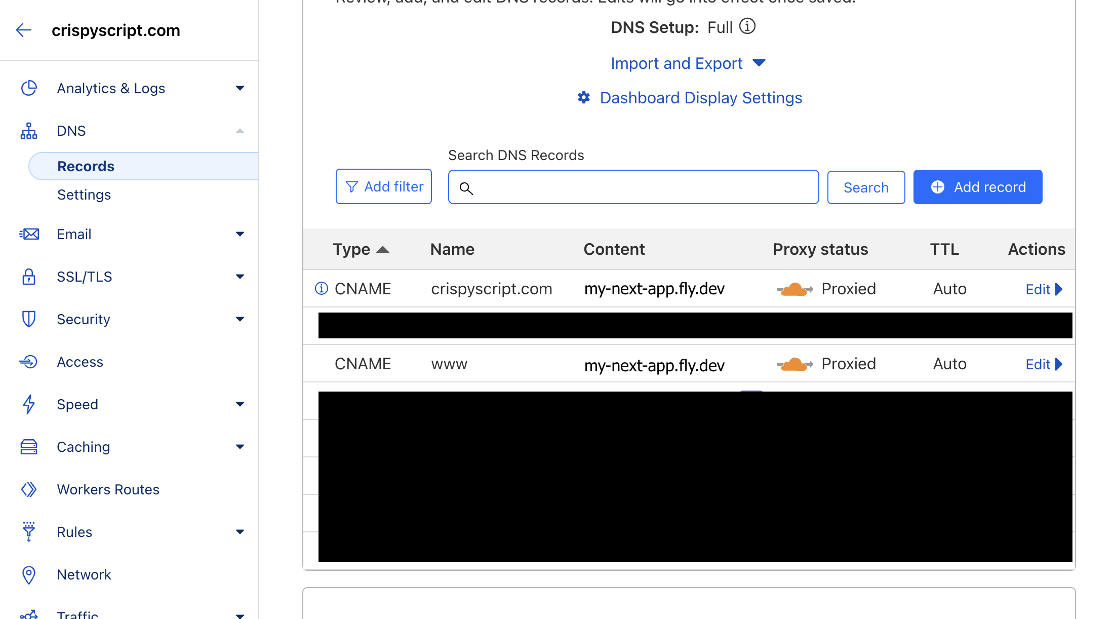 "Records" menu in Cloudflare dashboard