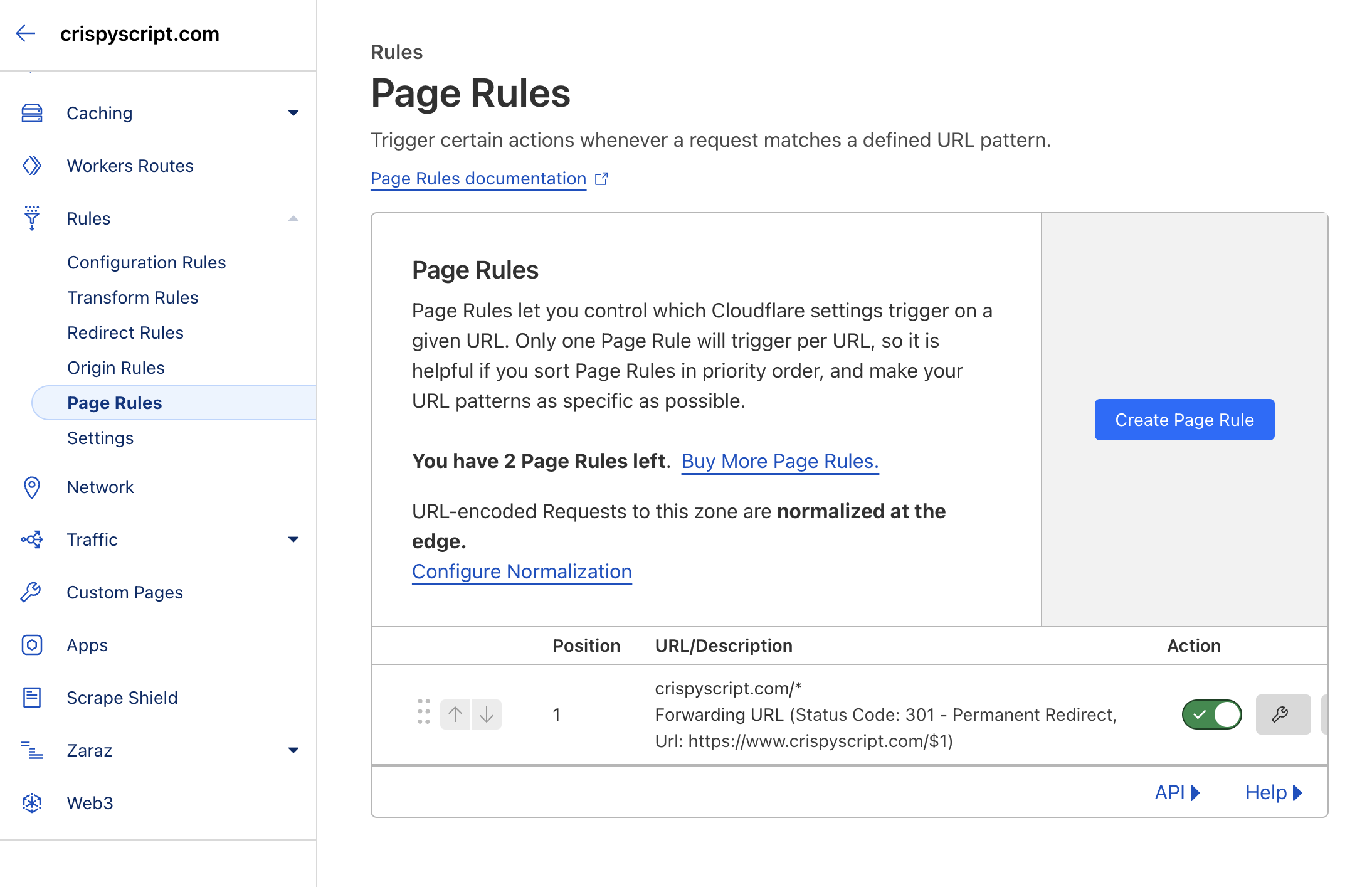 "Page Rules" menu in Cloudflare dashboard