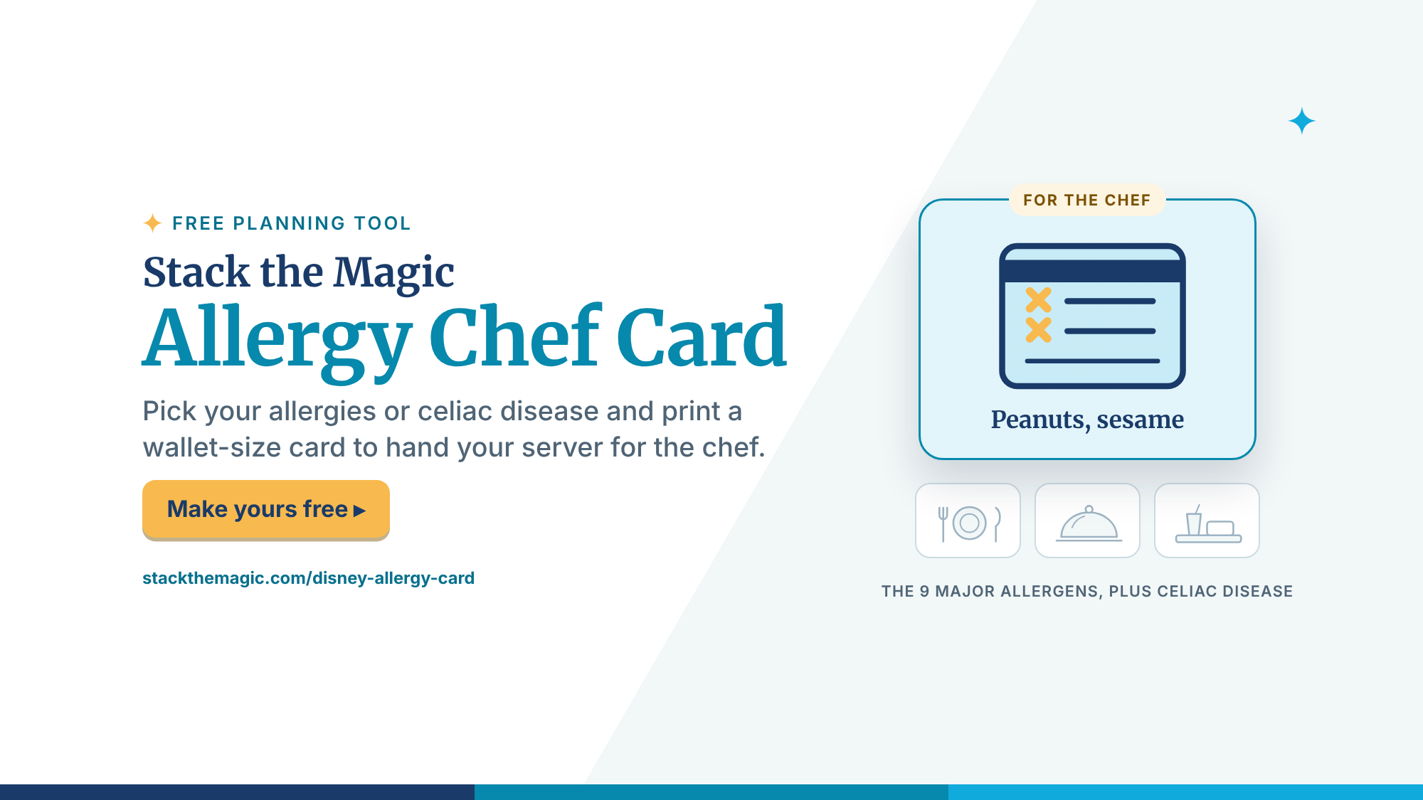 Stack the Magic Allergy Chef Card: pick your allergies or celiac disease and print a wallet-size card for the chef.
