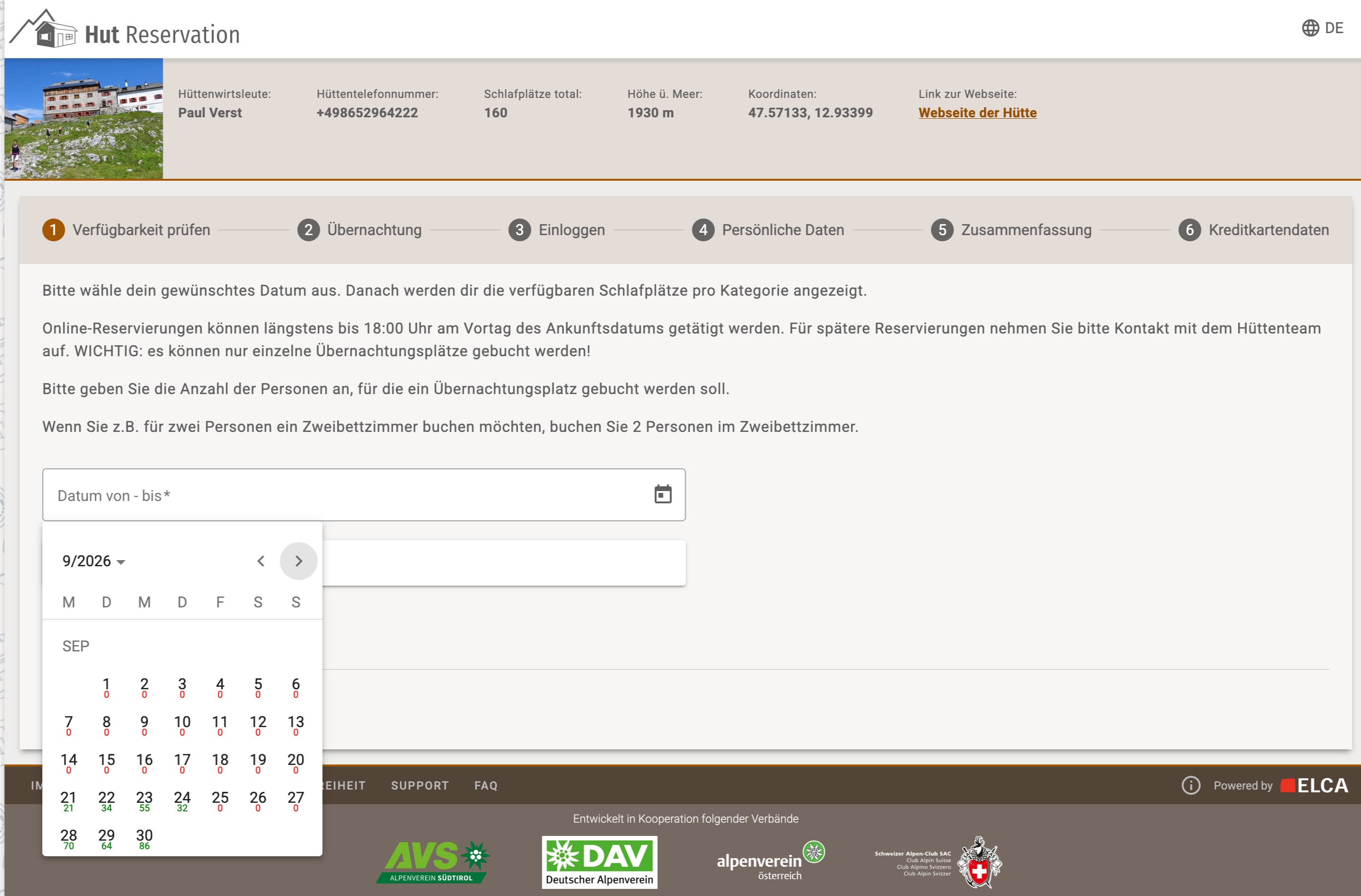 The Hut Reservation portal for the Watzmannhaus: the availability calendar shows zero free sleeping spots for almost every day of September