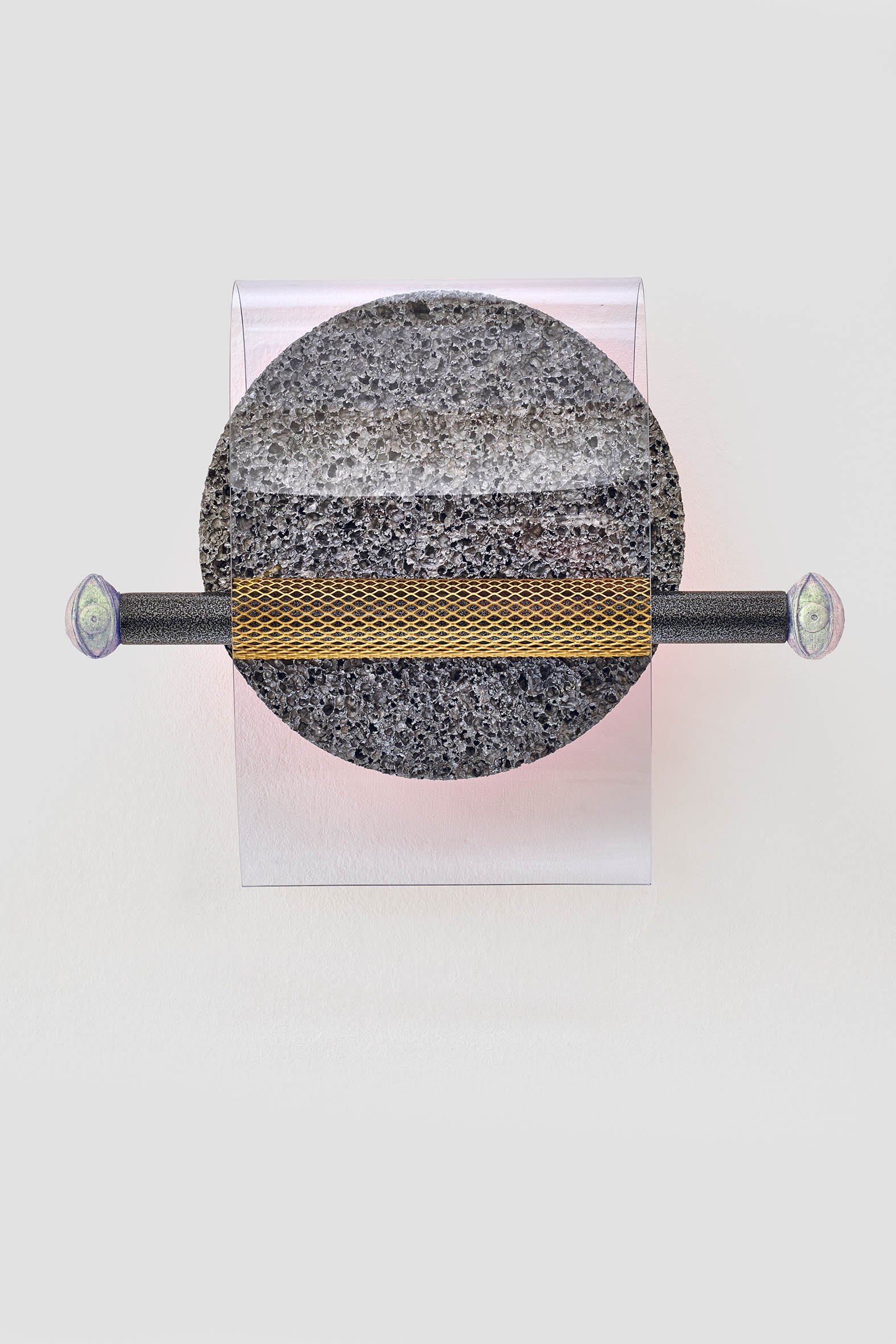 Enlarged chip implant (ancient recordings) N° 1, 2018, ca. 30 x 40 x 10 cm, aluminium foam, PVC, brass, polyurethane cast, iron, color