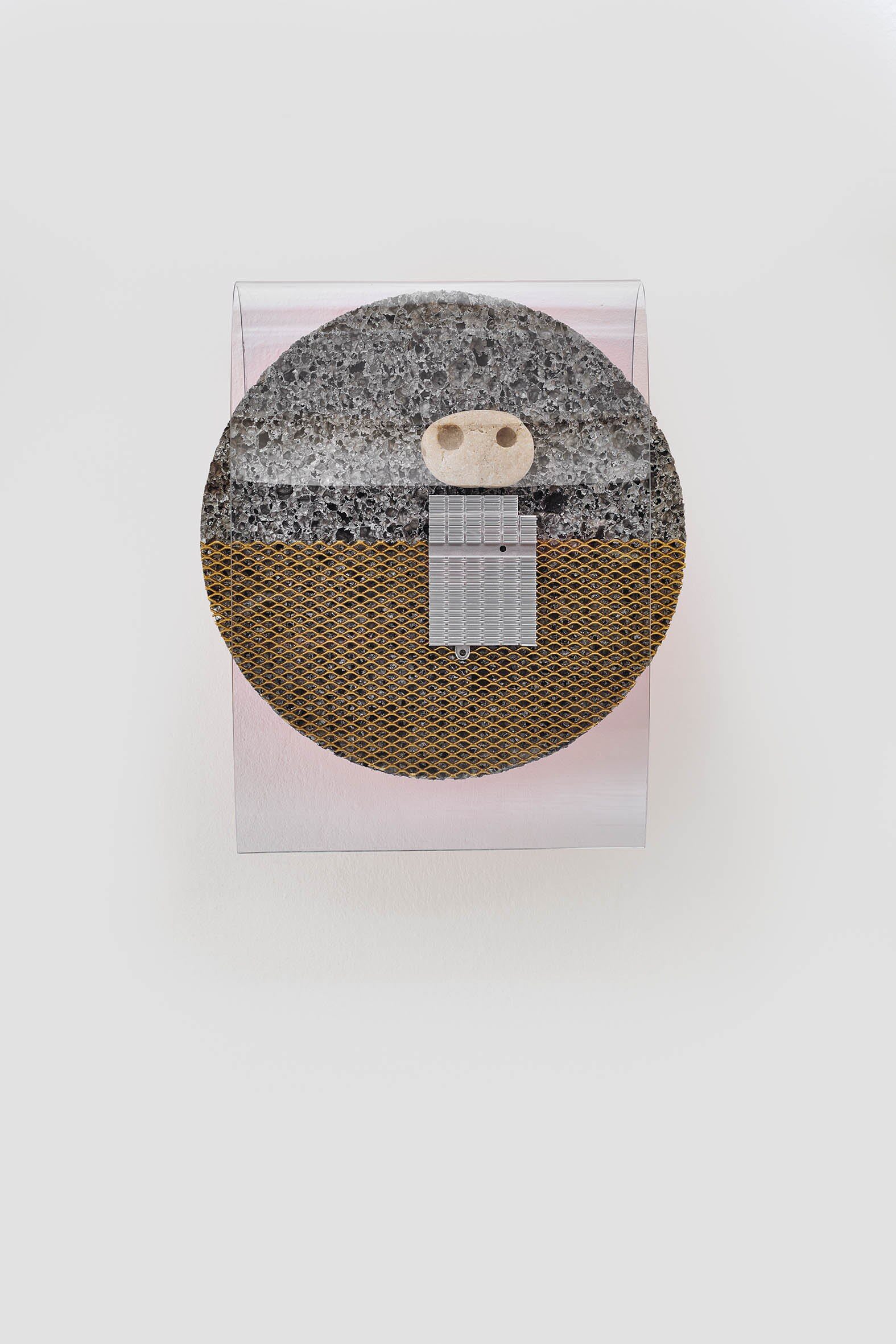 Enlarged chip implant (ancient recordings) N° 2, 2018, ca. 30 x 24 x  10 cm, aluminium foam, PVC, brass, found stone,  aluminium, color
