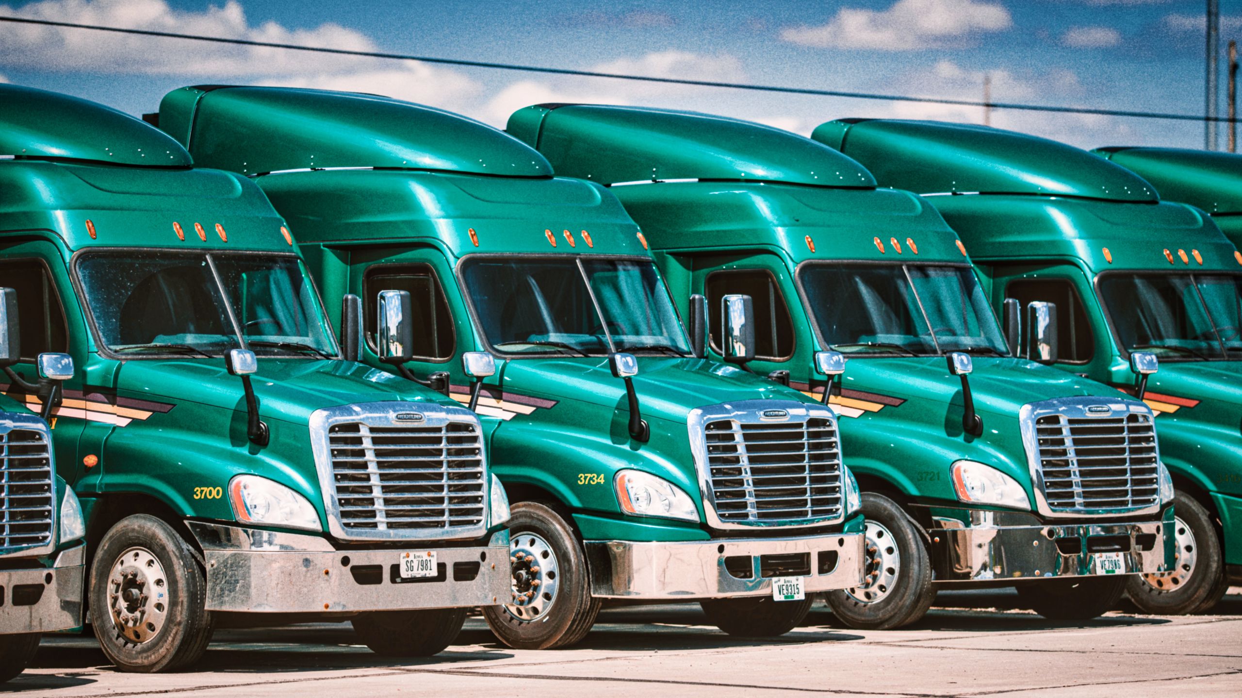 freight trucks parked in a line