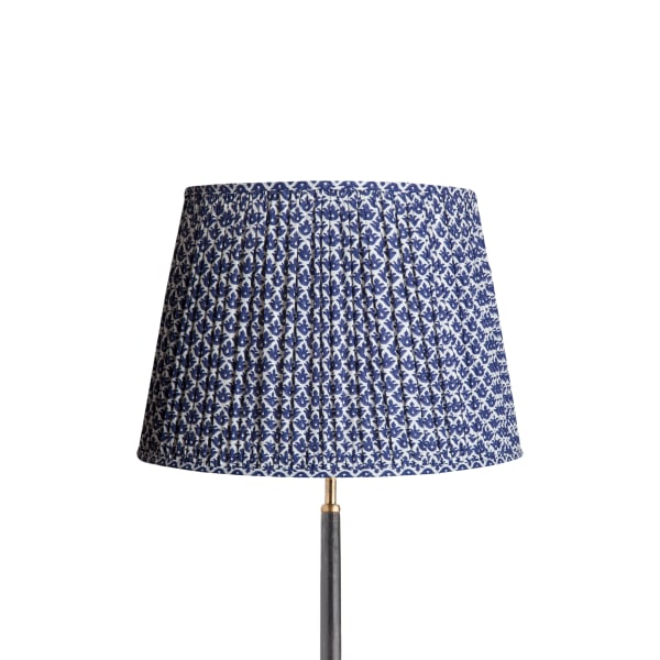 40cm straight empire gathered lampshade in temple blue block printed cotton