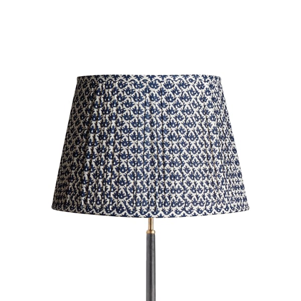 45cm straight empire gathered lampshade in temple blue block printed cotton