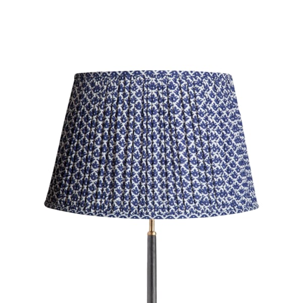 50cm straight empire gathered lampshade in temple blue block printed cotton