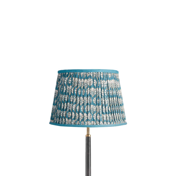 30cm straight empire gathered lampshade in turkish blue dervish block printed cotton