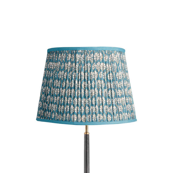 40cm straight empire gathered lampshade in turkish blue dervish block printed cotton