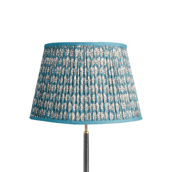 45cm straight empire gathered lampshade in turkish blue dervish block printed cotton