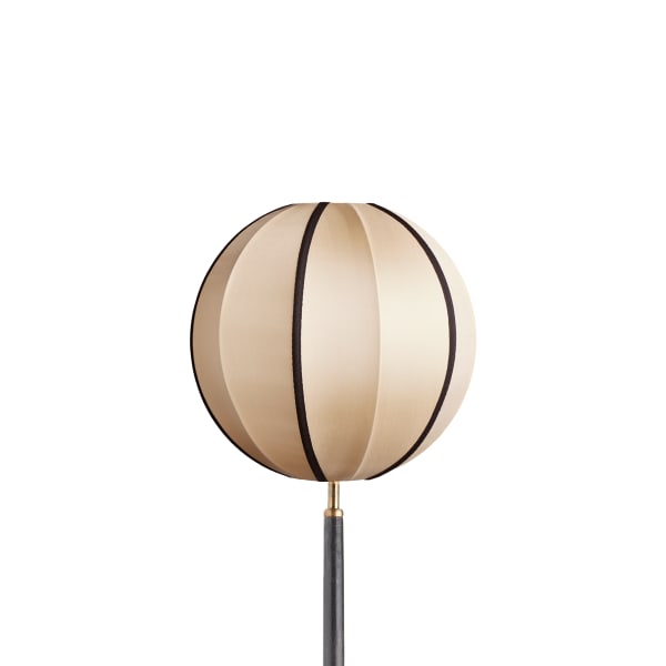 Small round space shade in taupe silk with black tape