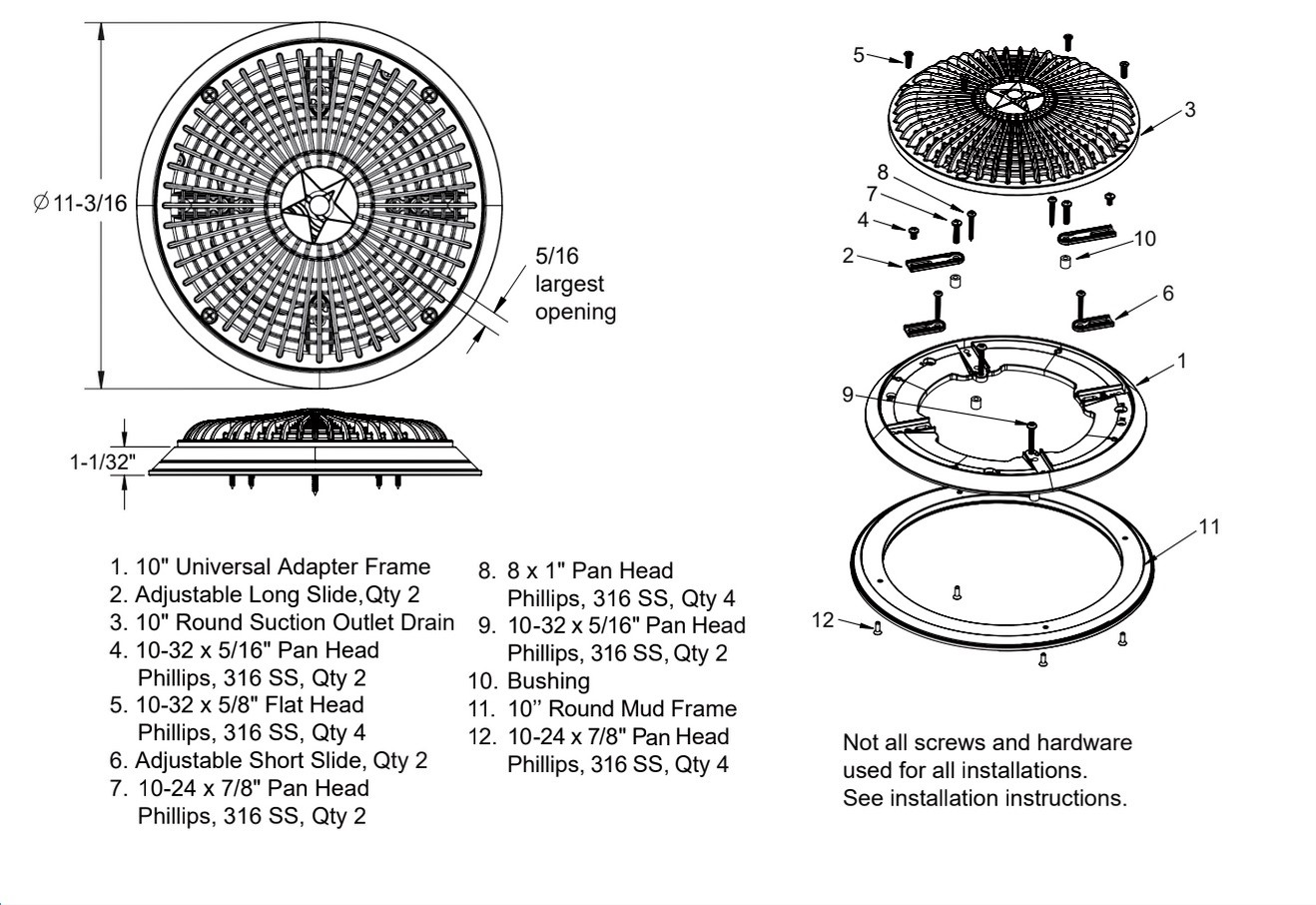 10 Universal Round Main Drain Cover with Universal Adapter Kit, Light Gray