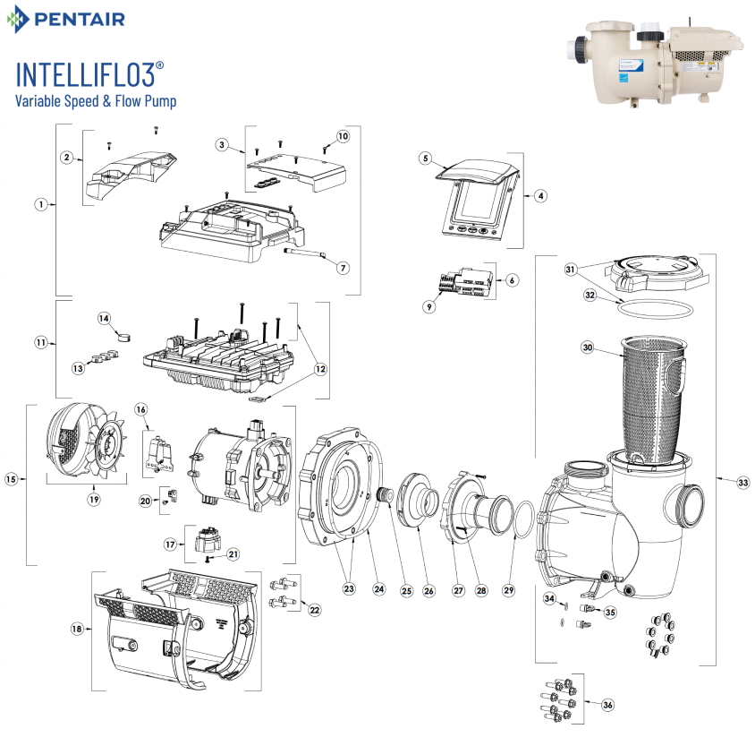 Pentair IntelliFlo3 VSF 1.5 HP & 3 HP Pool Pump Parts Diagram
