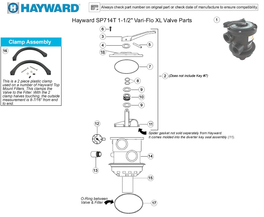 Hayward SP714T VariFlo XL Backwash Valve Parts