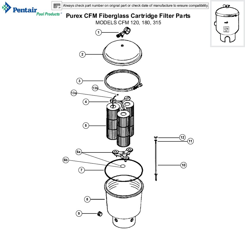 Purex CFM Fiberglass Cartridge Filter Parts Models CFM 120, 180, 315