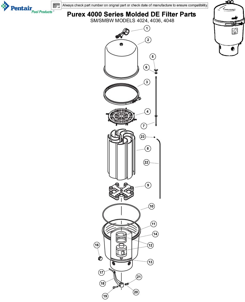 Purex 4000 Series Molded DE Filter Parts SM/SMBW Models 4024