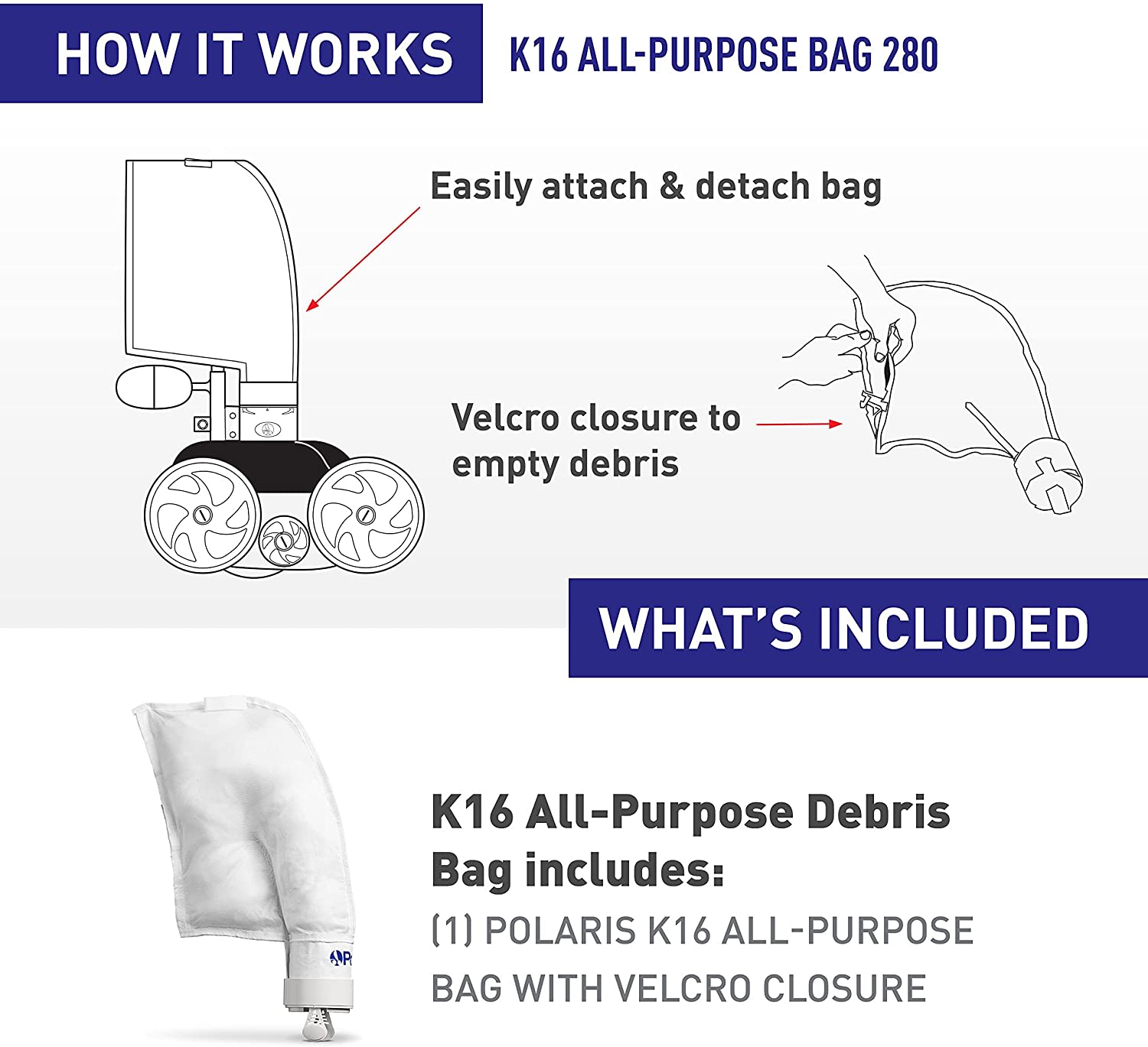 Polaris OEM 280 480 Pool Cleaner All Purpose Bag Hook & Loop K16 K-16 NO CLIP Polaris OEM 280 480 Pool Cleaner All Purpose Bag Hook & Loop K16 K-16 NO CLIP