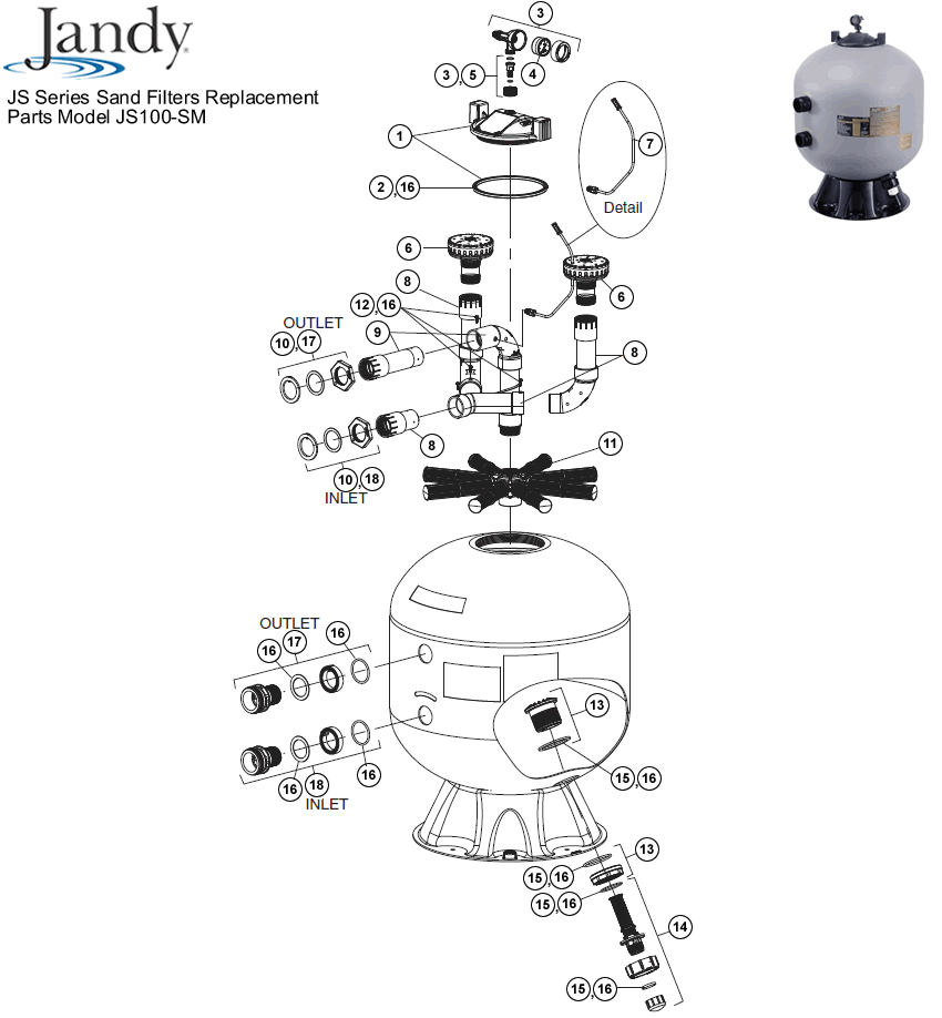 Jandy JS Series Sand Filters Replacement Parts Model JS100SM