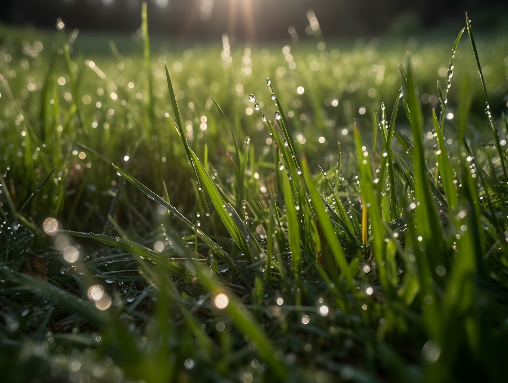 Dew and rain droplets on green grass blades