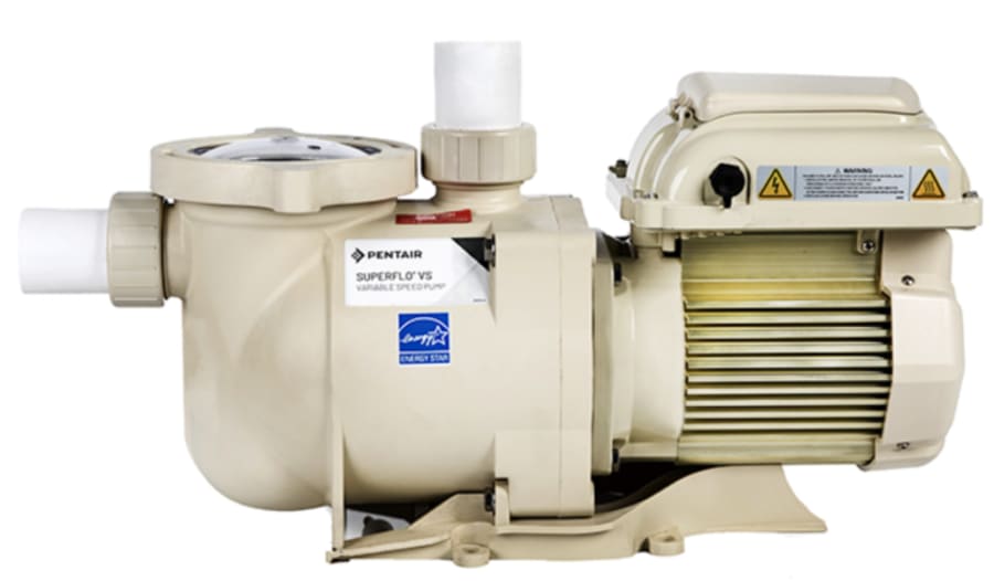 Pentair SuperFlo VS variable speed pool pump side view showing Energy Star certification and SuperFlo VS label