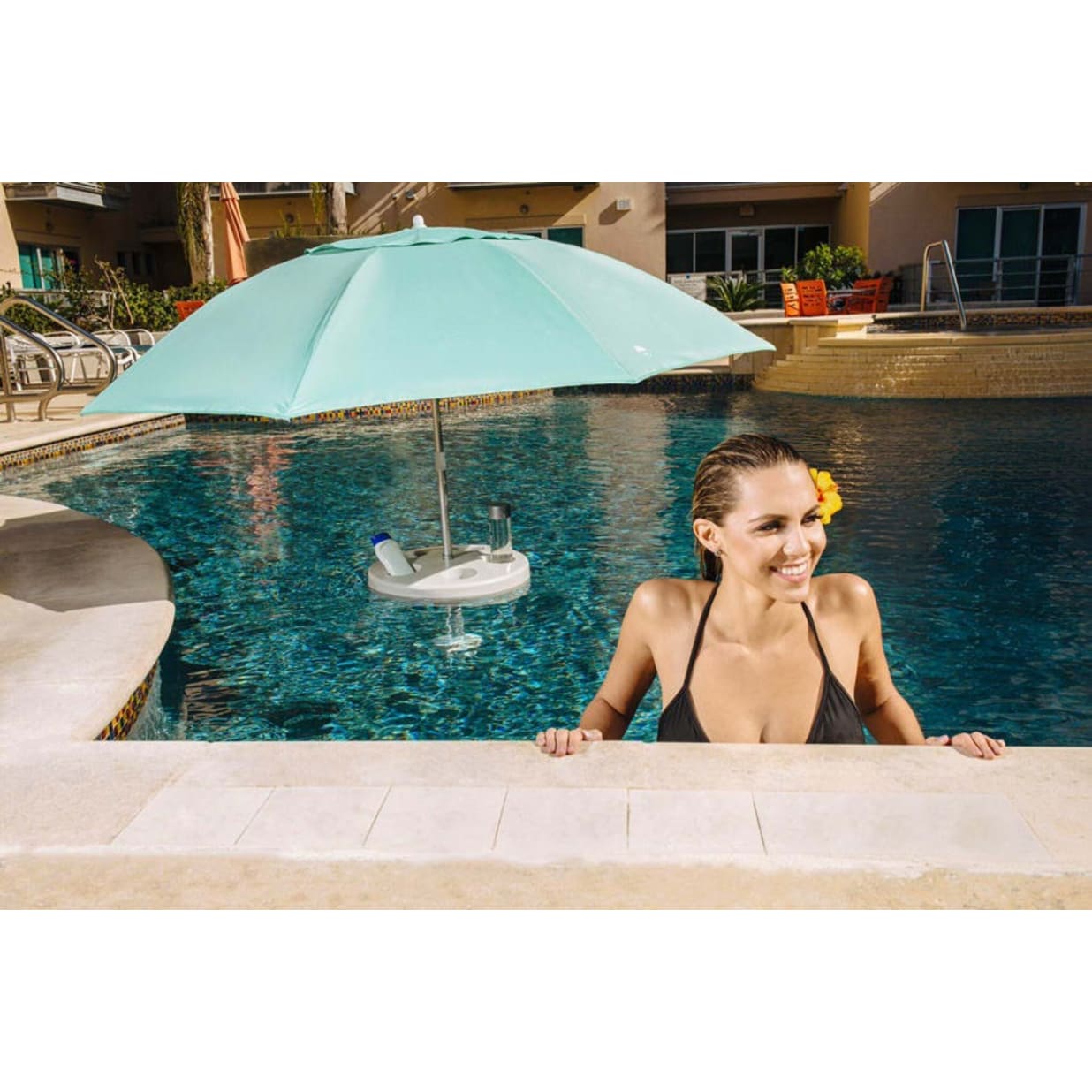 Pool Buoy Floating Pool Umbrella – 5'7" UV-Resistant Adjustable Shade with 5 Cup Holders, No-Tool Assembly, Stable Weighted Base – Ideal for Pools, Lakes, and Hot Tubs – Harbor Blue