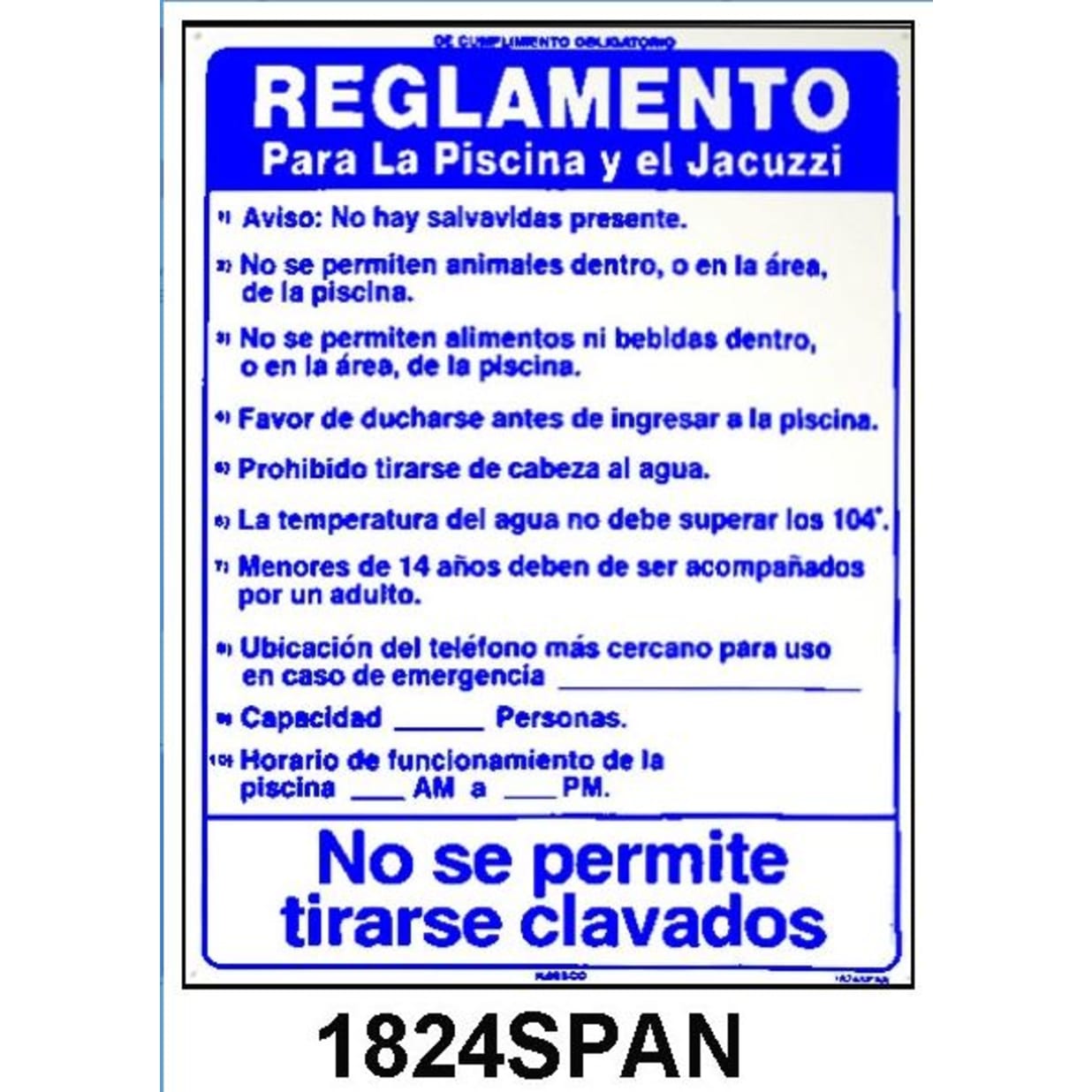 18" x 24" Pool Rules Sign, Spanish