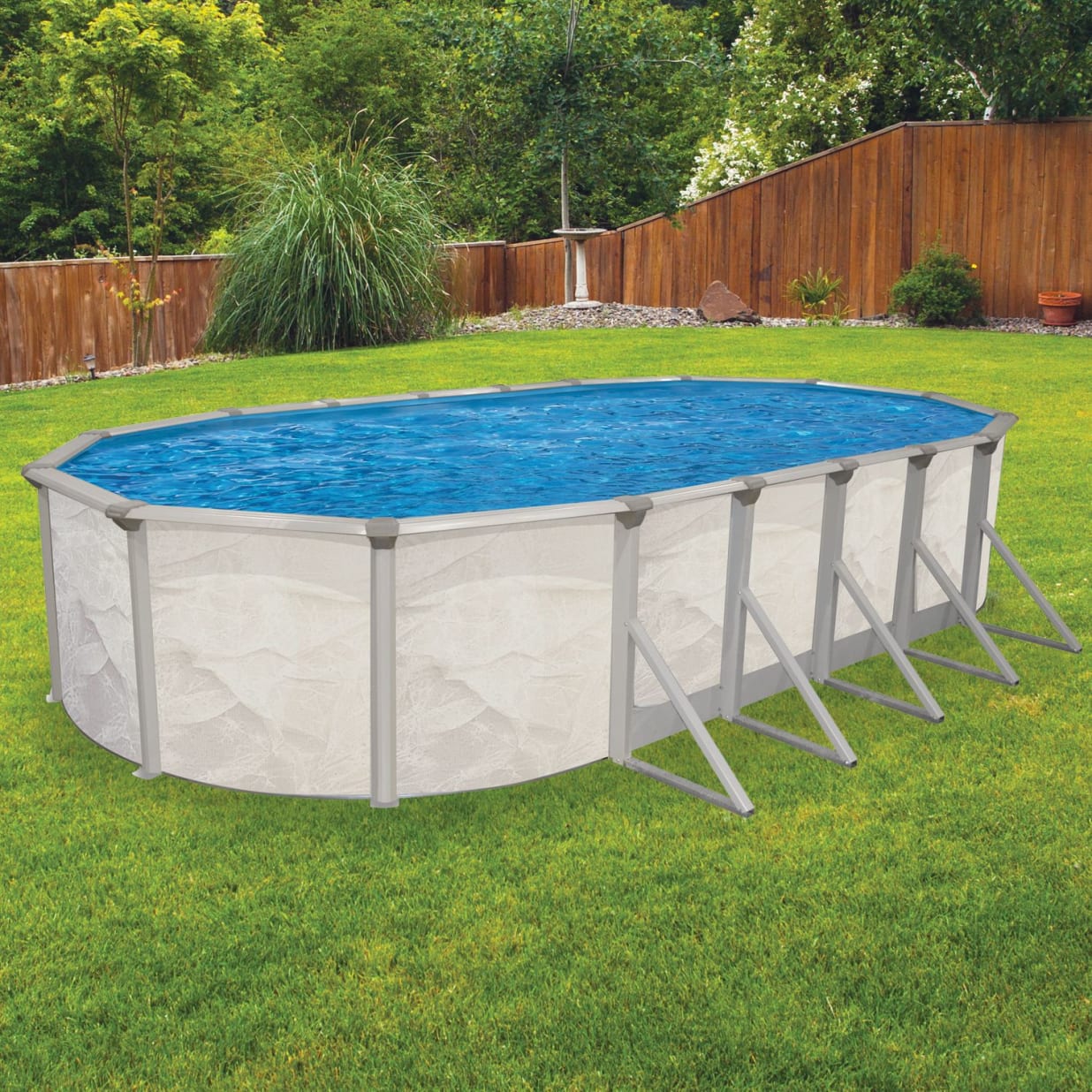 16'x32' Oval Essex Above Ground Pool Package, 52" Wall, Blue Overlap Liner, 16" Sand Filter System, 3/4 Hp Pump, A-Frame Ladder, And Skimmer - Complete Package