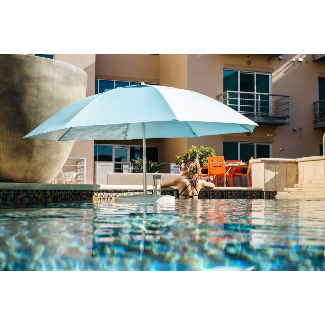 Pool Buoy Floating Pool Umbrella – 5'7" UV-Resistant Adjustable Shade with 5 Cup Holders, No-Tool Assembly, Stable Weighted Base – Ideal for Pools, Lakes, and Hot Tubs – Black & White Stripe