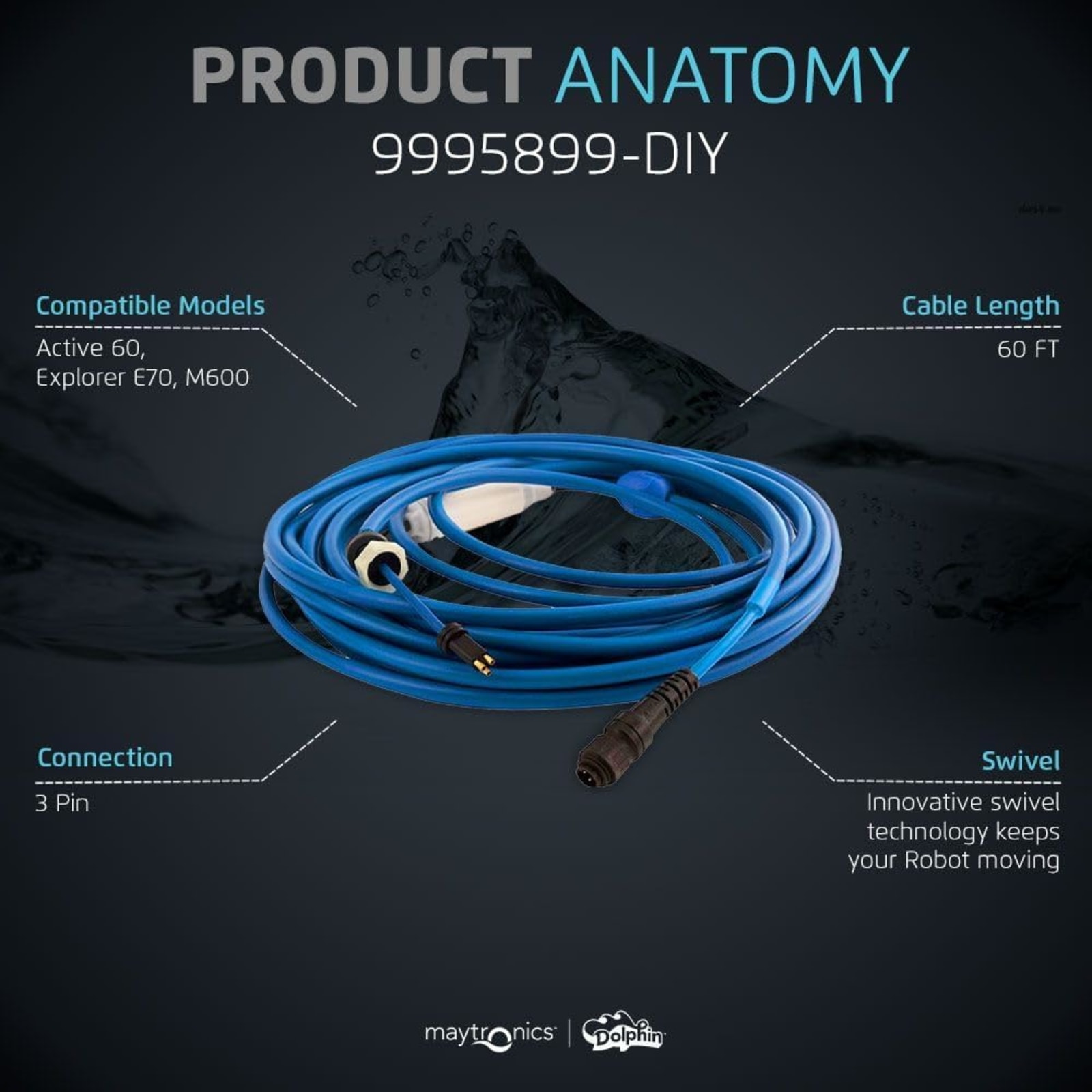 Maytronics 9995899-DIY 60' 3-Wire Blue Communication Cable with Swivel