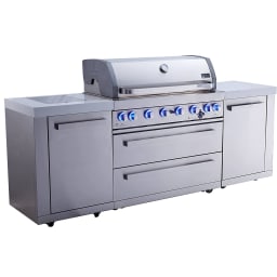 44" 6-Burner 115,000 BTW Stainless Steel Gas Outdoor Kitchen Grill with Infrared Side & Rear Burners, Granite Countertops, Storage Cabinets and Drawers