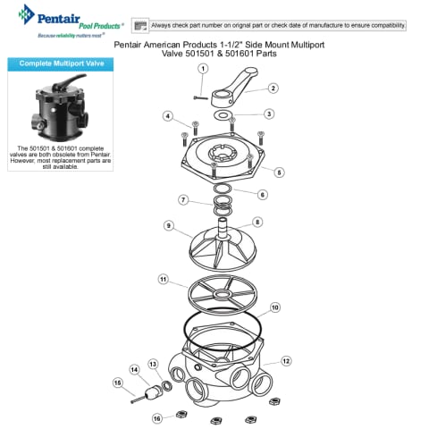 Pentair American Products 1-1/2" Side Mount Multiport Valve 501501 & 501601 Parts 